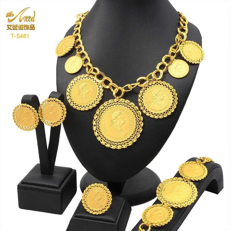 ANIID Dubai Gold Color Coin Necklace Bracelet Jewelry Sets For Women African Ethiopian Bridal Wedding Luxury Jewellery Gifts