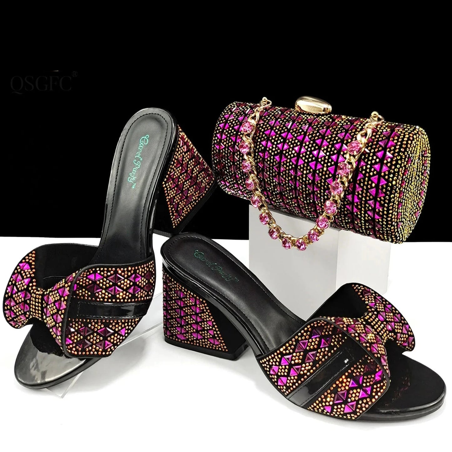 Italian Fashion Banquet Shoes and Bags Women's Hand Bags with Rhinestone Decoration and Women's High Heels