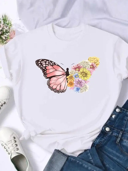 Women's European and American Clothing Butterfly Letter Printed Short-sleeved T-shirt Tops  Graphic T Shirts  Harajuku