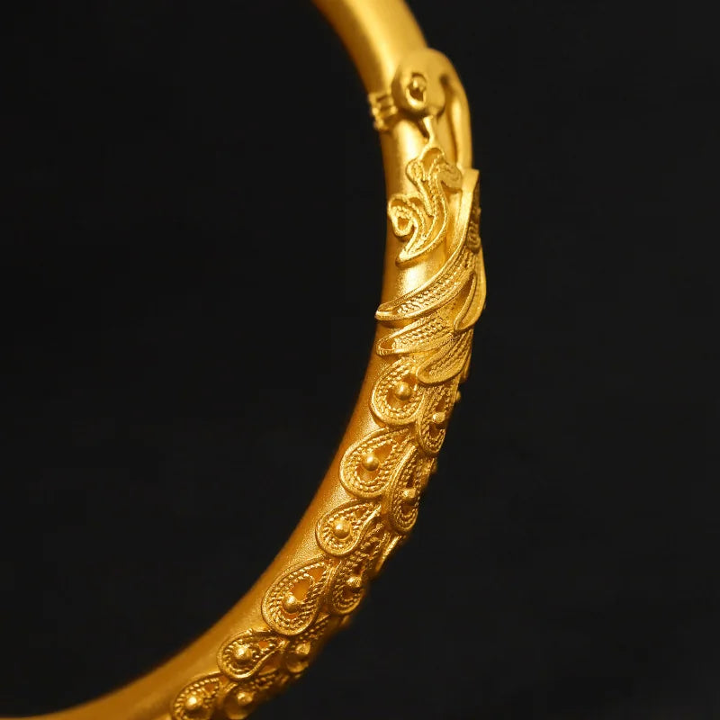 Pure  24K gold covering  bracelet dragon and phoenix bracelet for women retro inlaid peacock concubine bracelet