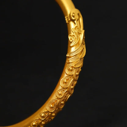 Pure  24K gold covering  bracelet dragon and phoenix bracelet for women retro inlaid peacock concubine bracelet