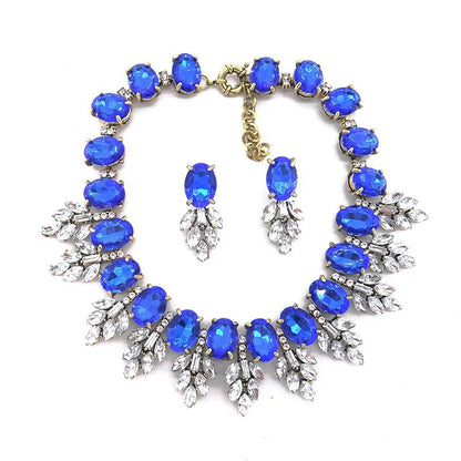 Luxury Jewelry Set Elegant Wedding Prom Crystal Earring and Chunky Bib Choker Royal Blue Rhinestone Statement Necklace for Women