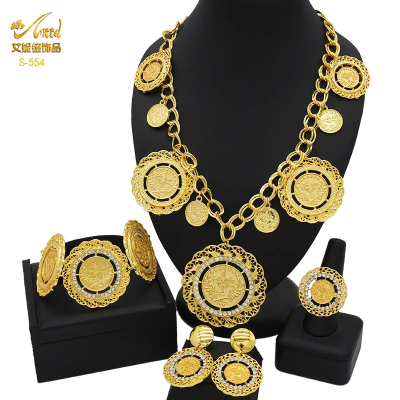 ANIID Dubai Gold Color Coin Necklace Bracelet Jewelry Sets For Women African Ethiopian Bridal Wedding Luxury Jewellery Gifts