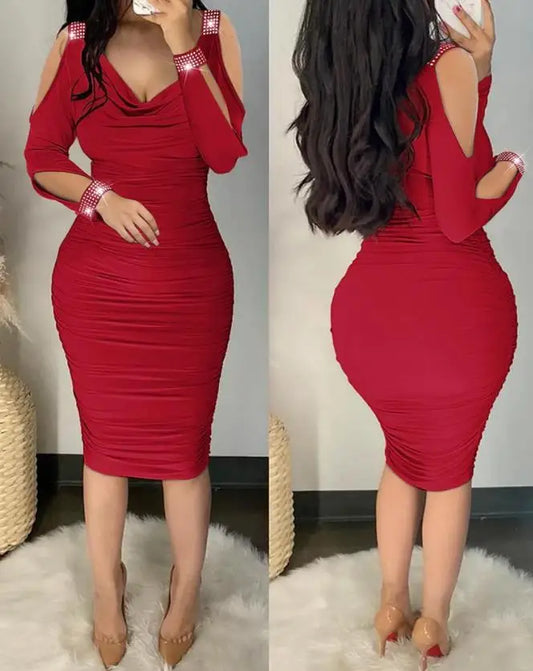 Fashion Sexy Rhinestone Decor Cold Shoulder Ruched Body con Long Sleeve Dress Midi Skinny Party women's dresses