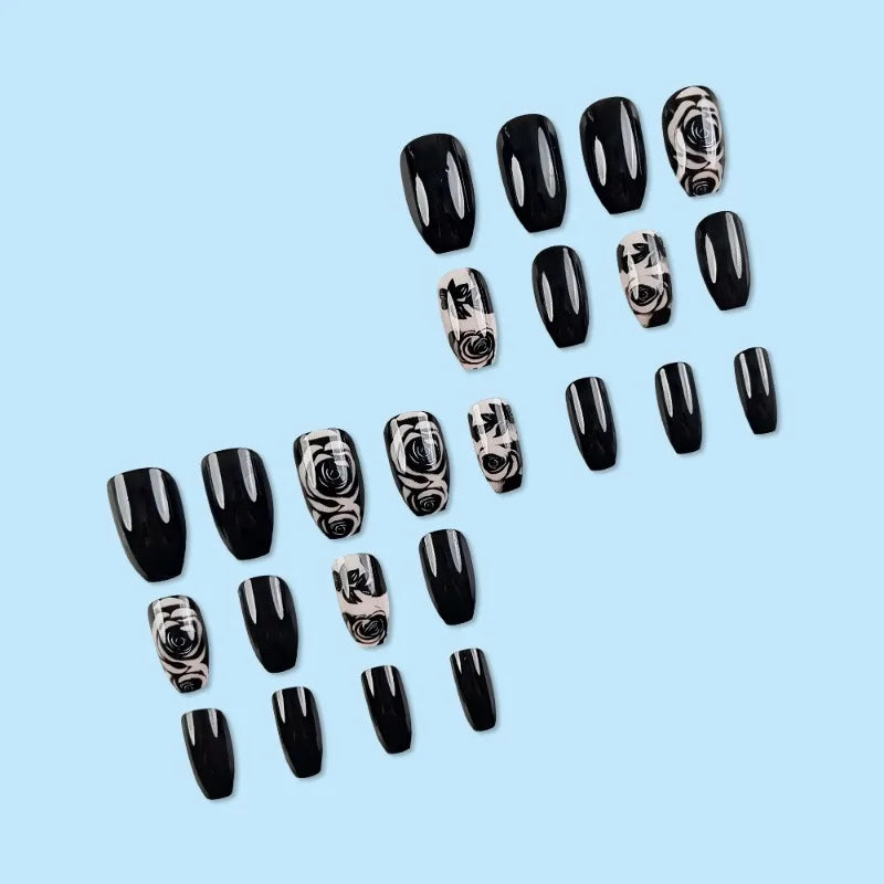 24pcs/ser Black Rose Flower Medium Square Press on Nails Decorated Acyrlic False Nail Art Fake Nails Set Finger Nails for Gluing