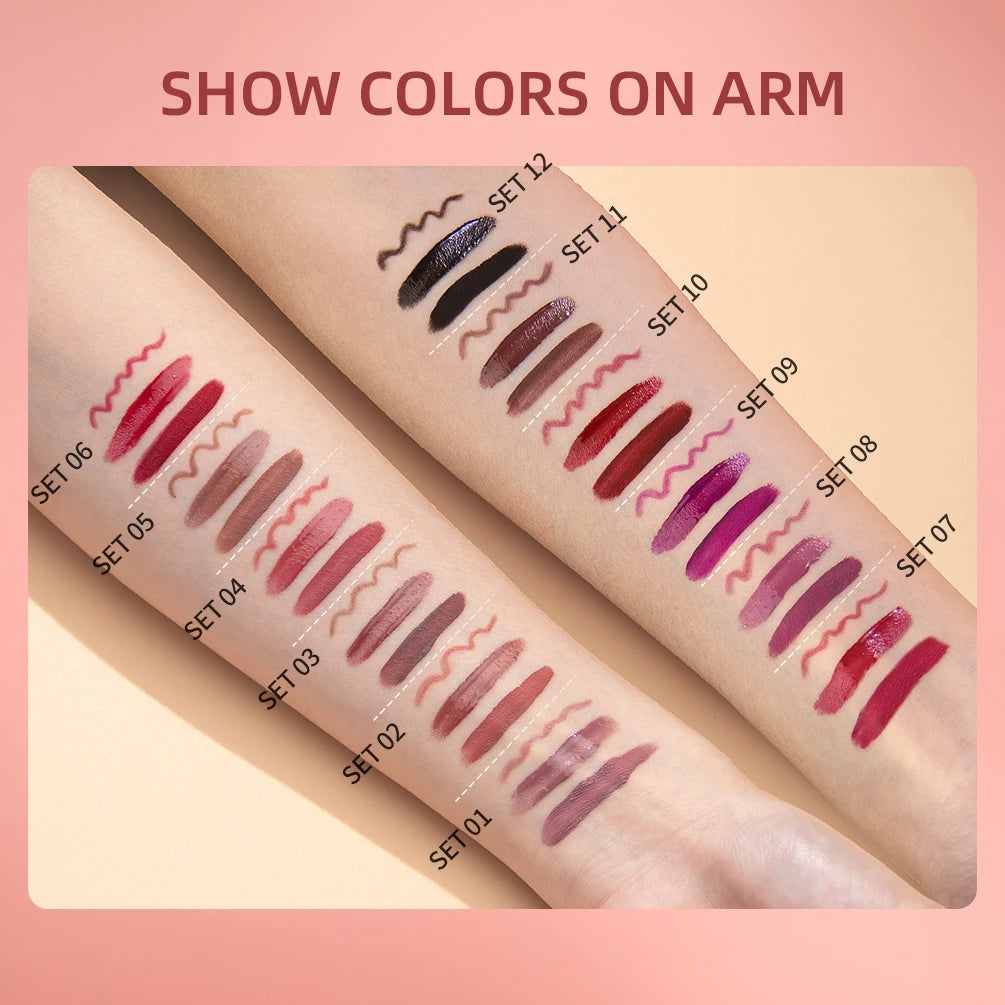 New 3pcs/set Liquid Lipstick Lip Liner Long Lasting Cosmetic Black Brown Purple Red Matte Lip Gloss Nude Lip Tint Stain Makeup