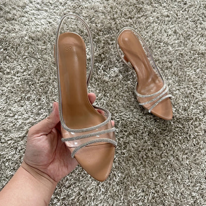 Women Summer Rhinestone Slingback Pumps Office Lady Transparent Heeled Sandals Elegant Pointed Toe Female Sexy High Heels