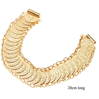 Turkish Coin Chain Bracelet Gold Plated Copper Cuff Bangle for Women Arabic Totem Jewelry for Bridal Ethnic Wedding Jewelry