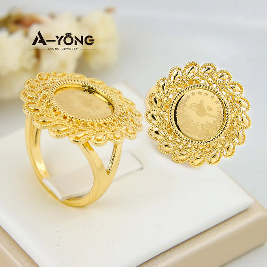 Turkish Coin Gold Rings 18k Gold Plated Zircon Dubai Style for occasions and Party Accessories