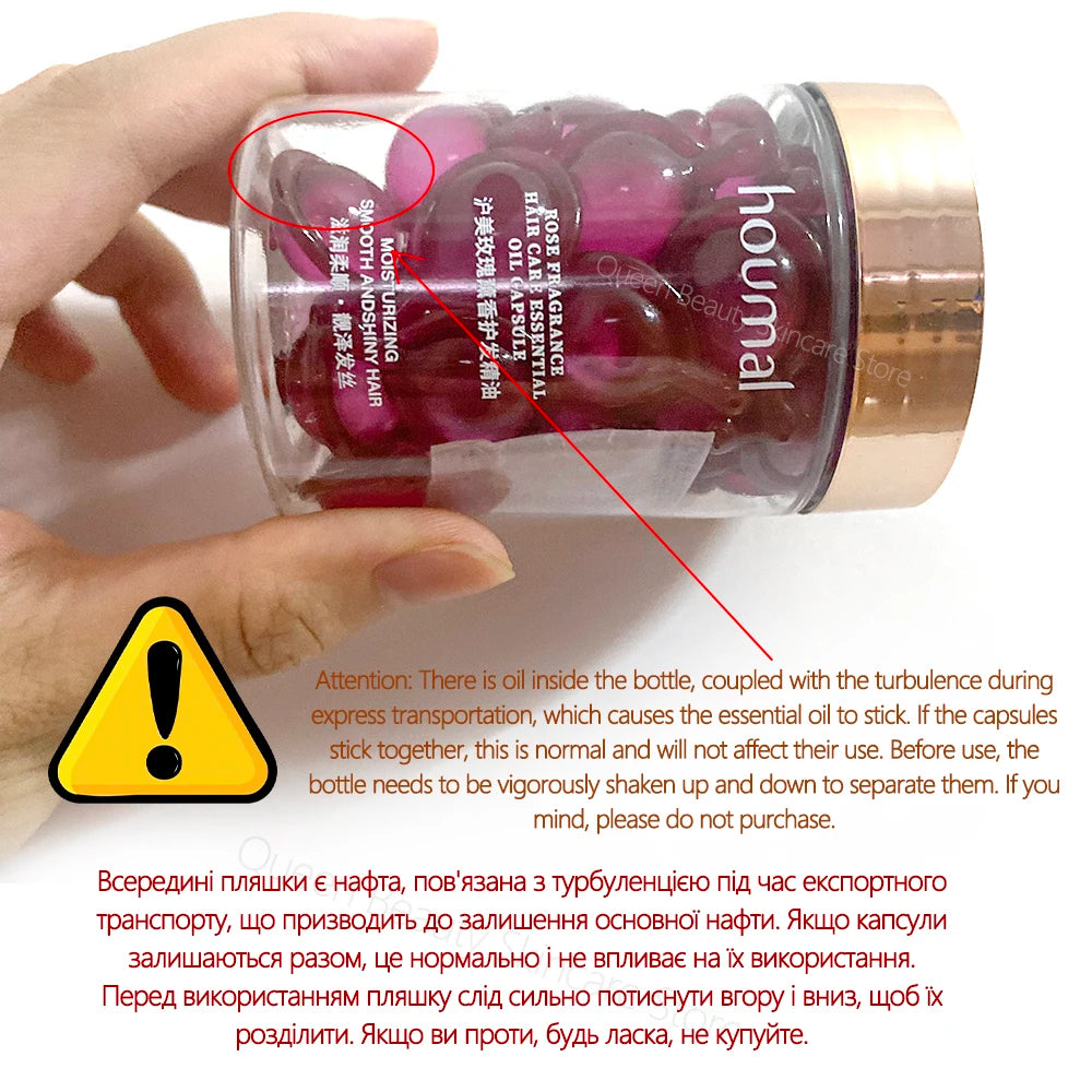 Houmal Hair Rose Essential Oil Smooth Silky Hair Vitamin Capsule Nourishing Treatment Repair Damaged Hair Serum Strengthen Hair 30Pcs