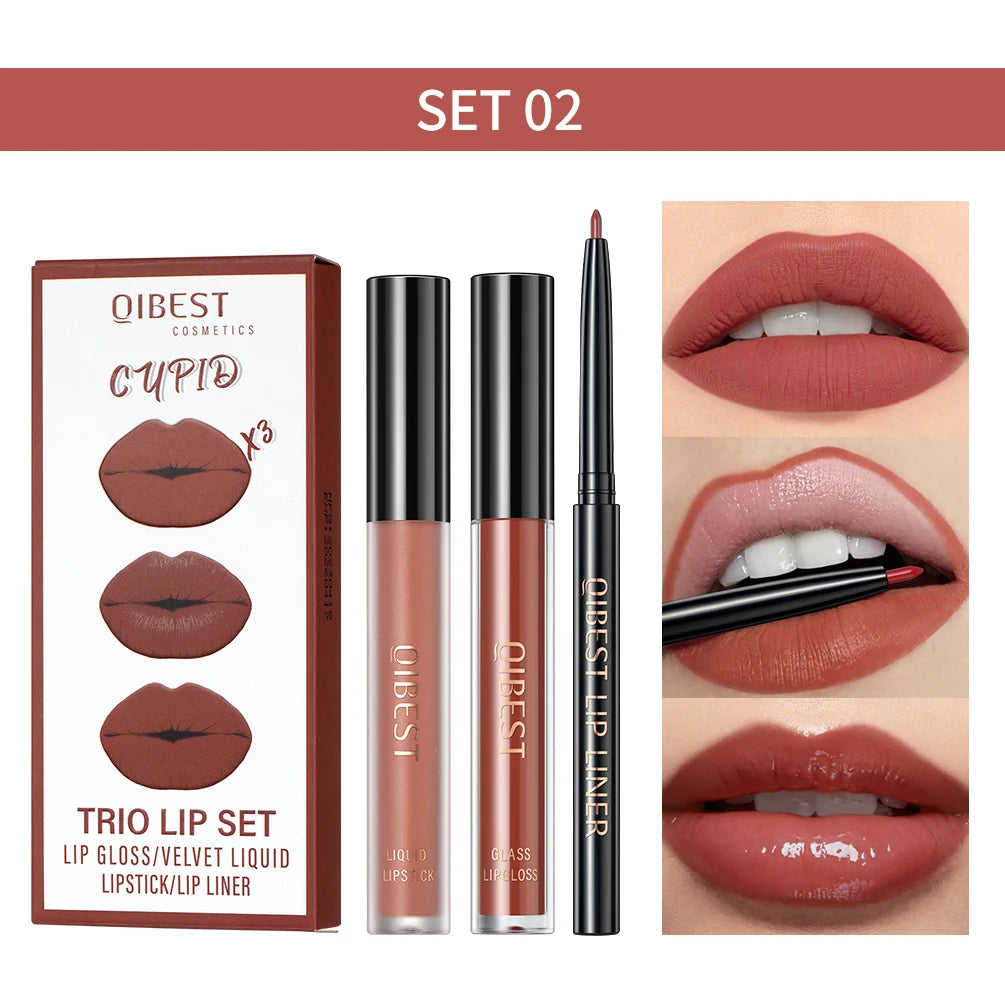 New 3pcs/set Liquid Lipstick Lip Liner Long Lasting Cosmetic Black Brown Purple Red Matte Lip Gloss Nude Lip Tint Stain Makeup