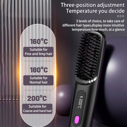 2 In 1 Straight Hair Comb Wireless Hair Straightener Brush Hair Fast Heating Portable Hot Curler USB Charging