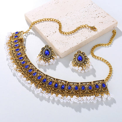 Luxury Vintage Indian Jewelry Set Antique Gold Plated Crystal Zircon Necklace Earrings Sets Ethnic Bridal Wedding Jewelry