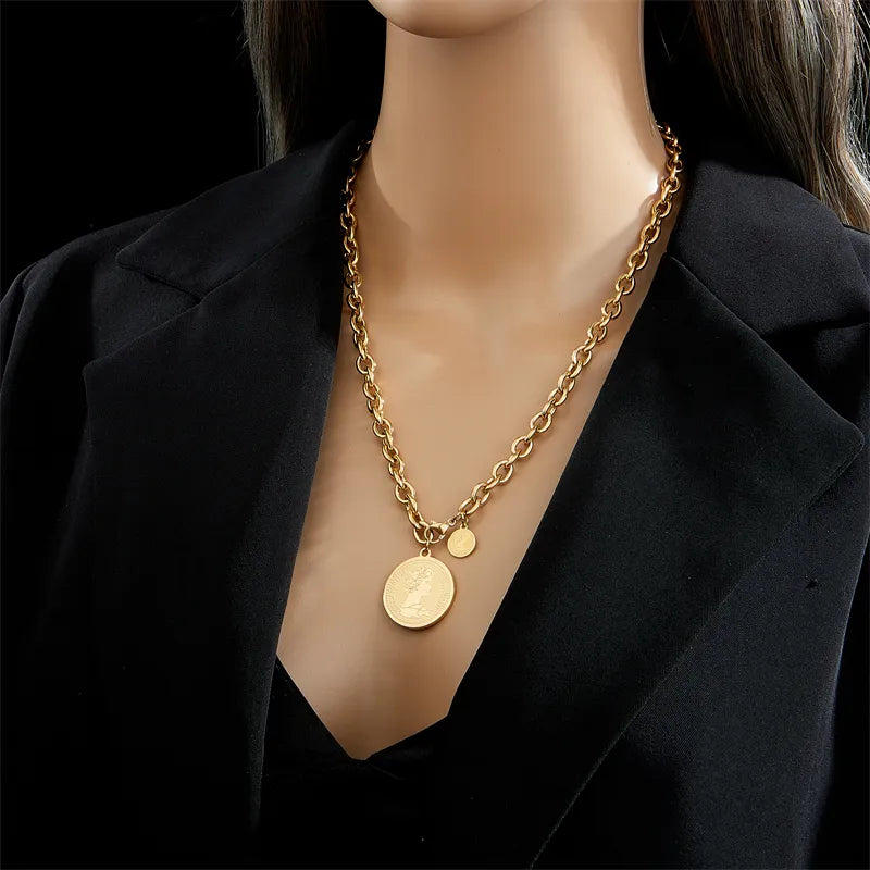 DIEYURO Stainless Steel Gold Color Hip Hop Round Portrait Coin Necklace For Women