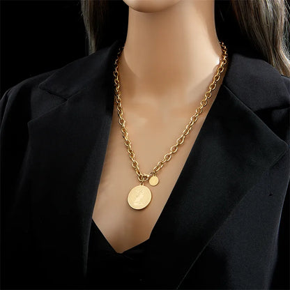 DIEYURO Stainless Steel Gold Color Hip Hop Round Portrait Coin Necklace For Women