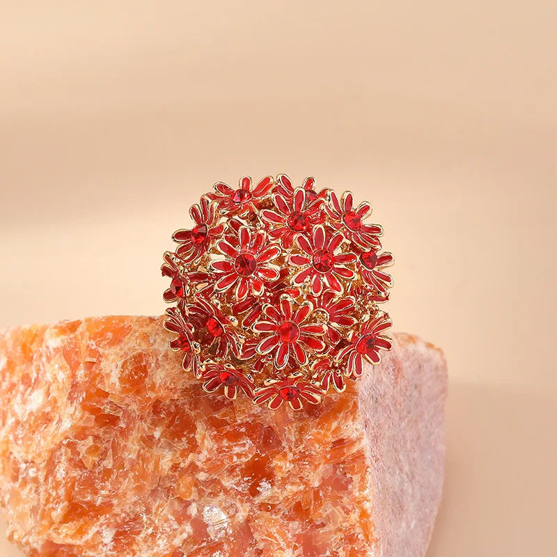 Luxury Zircon Red Pink Flower Rings For Women Ethnic Classic Gold Color Adjustable Ring Wedding Party Jewelry
