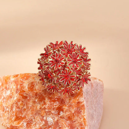 Luxury Zircon Red Pink Flower Rings For Women Ethnic Classic Gold Color Adjustable Ring Wedding Party Jewelry