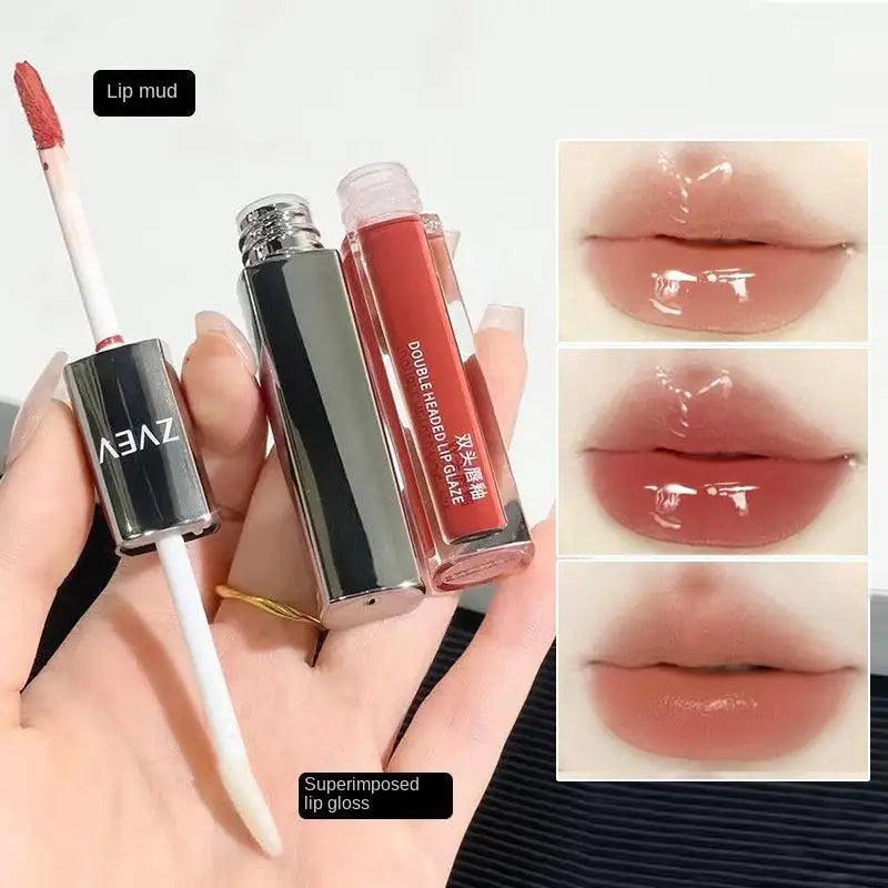 Two-in-one double-ended lip glaze  mirror gloss  matte lip mud  non-stick cup  non-fading  whitening gift