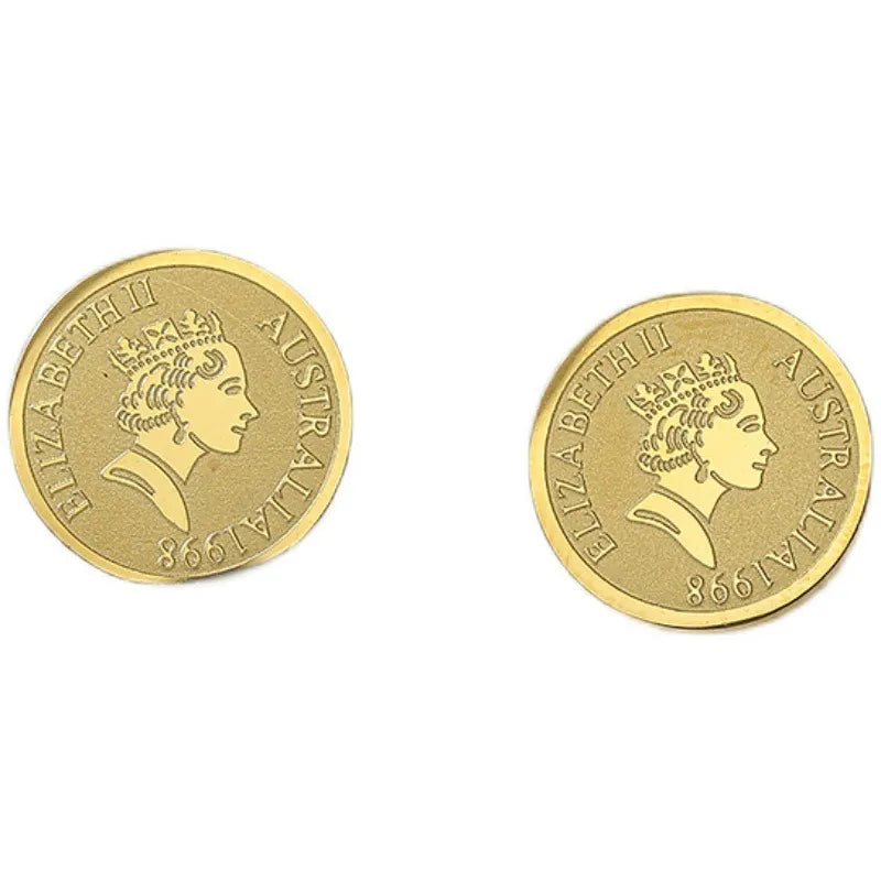 Design Stainless Steel Gold Color Retro Queen Head Coin Stud Earrings- Fashion Party Jewelry