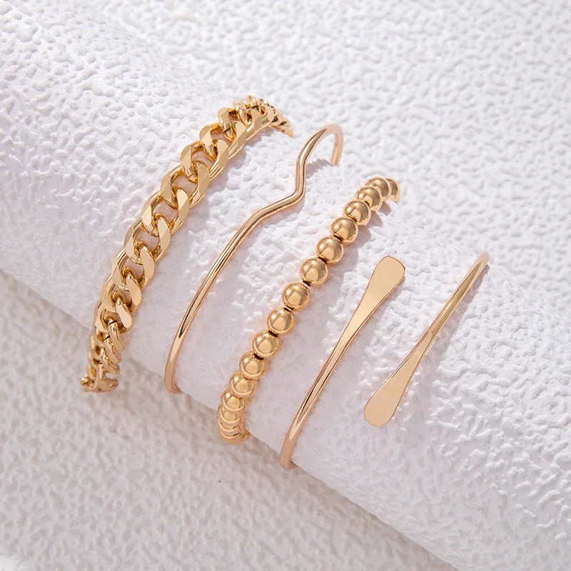 Punk Curb Cuban Chain Bracelets Set for Women Simple Thick Gold Color Charm Bracelets Fashion Jewelry Accessories New 4pcs