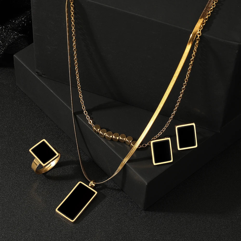 Stainless steel 3PCS Sets geometric black shell Necklace Earrings Ring Jewelry Set Charm Ladies Jewelry Fashion Bridal Gifts