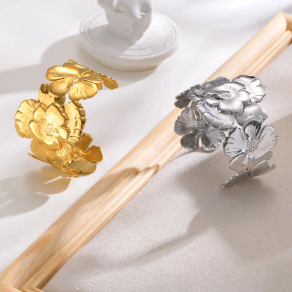 Stainless Steel Cuff Bracelet,Exquisite Classic Flower Pattern Openning Bangles Bracelet for Women,Exaggerate Hand Ornament