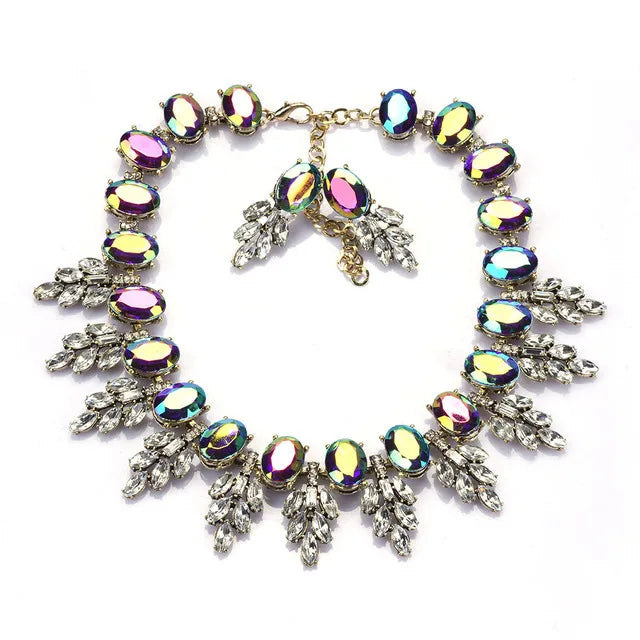 Luxury Jewelry Set Elegant Wedding Prom Crystal Earring and Chunky Bib Choker Royal Blue Rhinestone Statement Necklace for Women