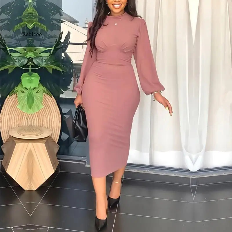 Elegant Women Slim Dress Fashion Round Neck Hollow Out Sleeve Bodycon Midi Dress Pencil Dress - Polyester