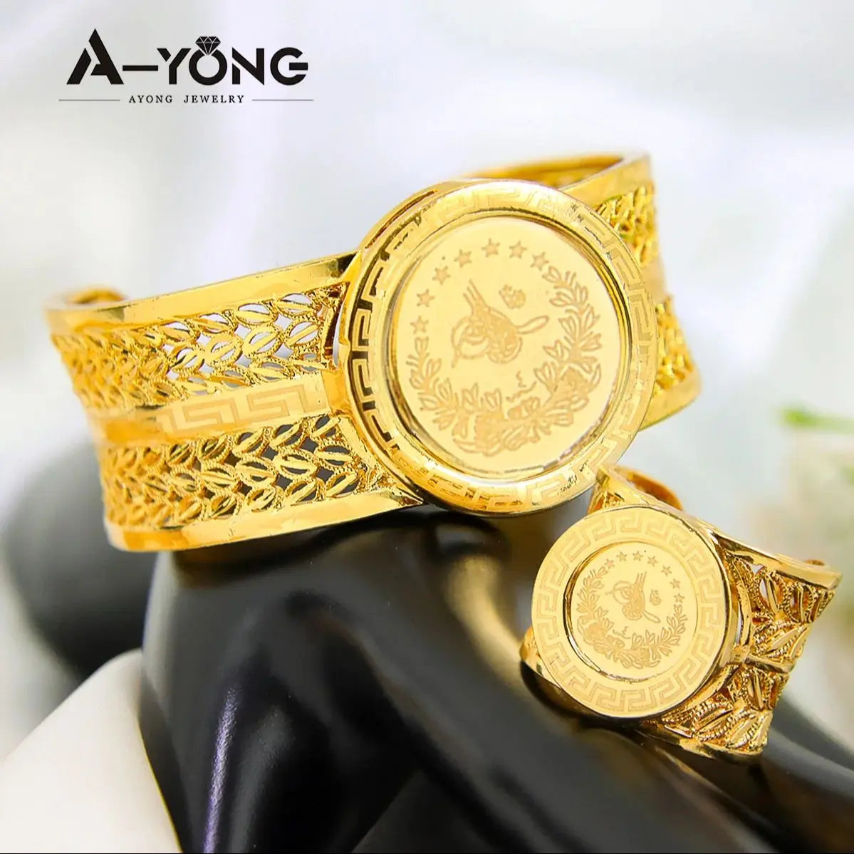 Coins Bracelet Ring Set 21k Gold Plated Turkish Gold Jewelry Dubai Women Bridal Engagement Luxury Wedding Cuff Bangles