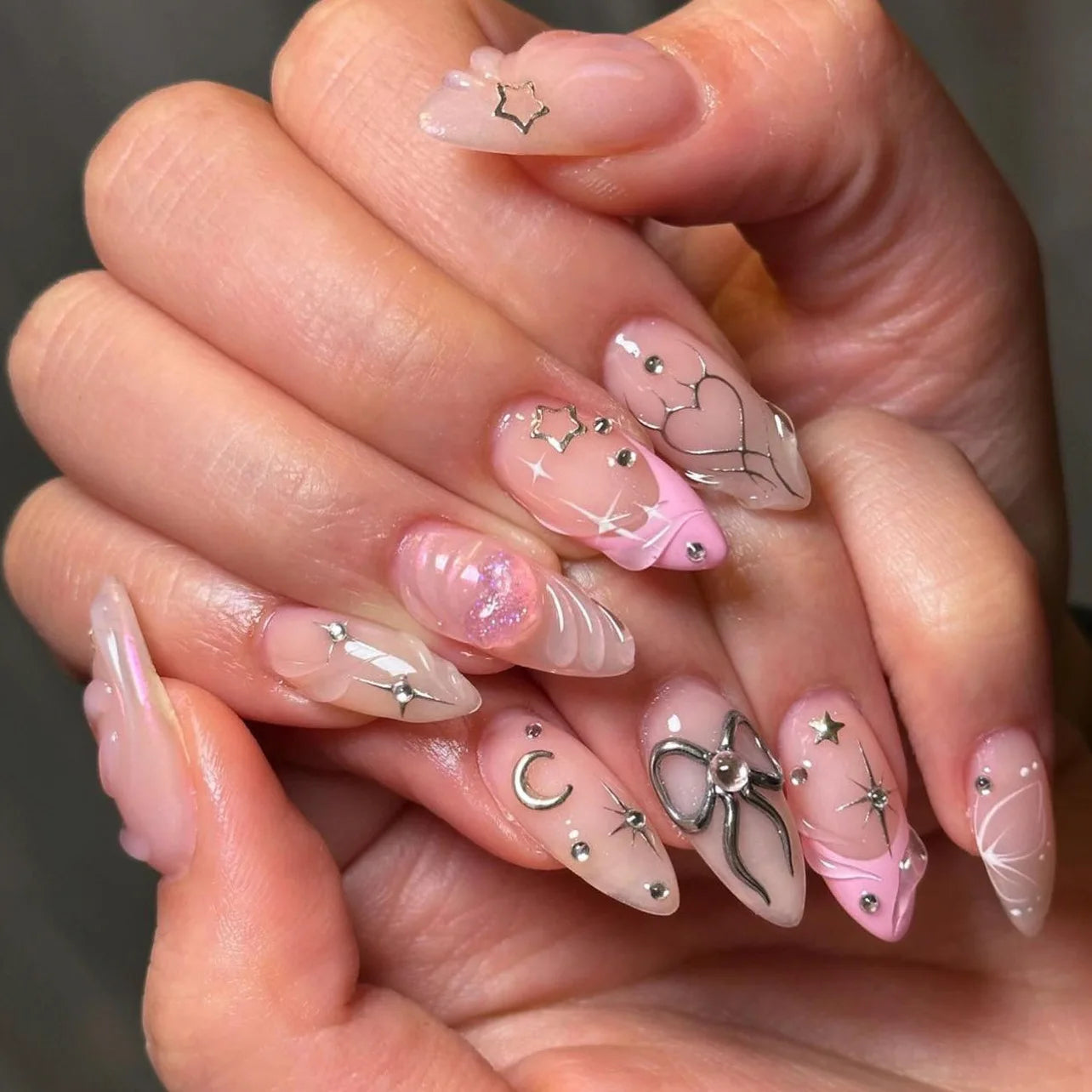 24pcs French Almond Press on Nails Valentine's Day False Nails 3D Bow knot Wearable Stick-on Nails Fake Nail
