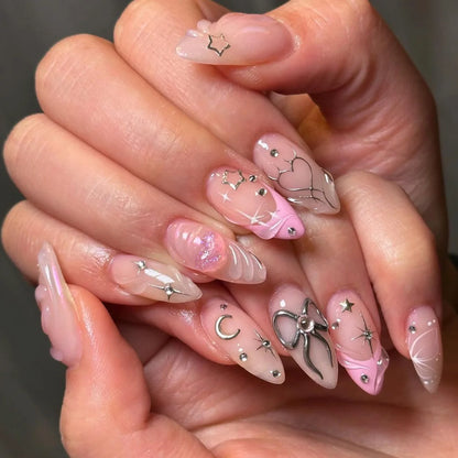 24pcs French Almond Press on Nails Valentine's Day False Nails 3D Bow knot Wearable Stick-on Nails Fake Nail