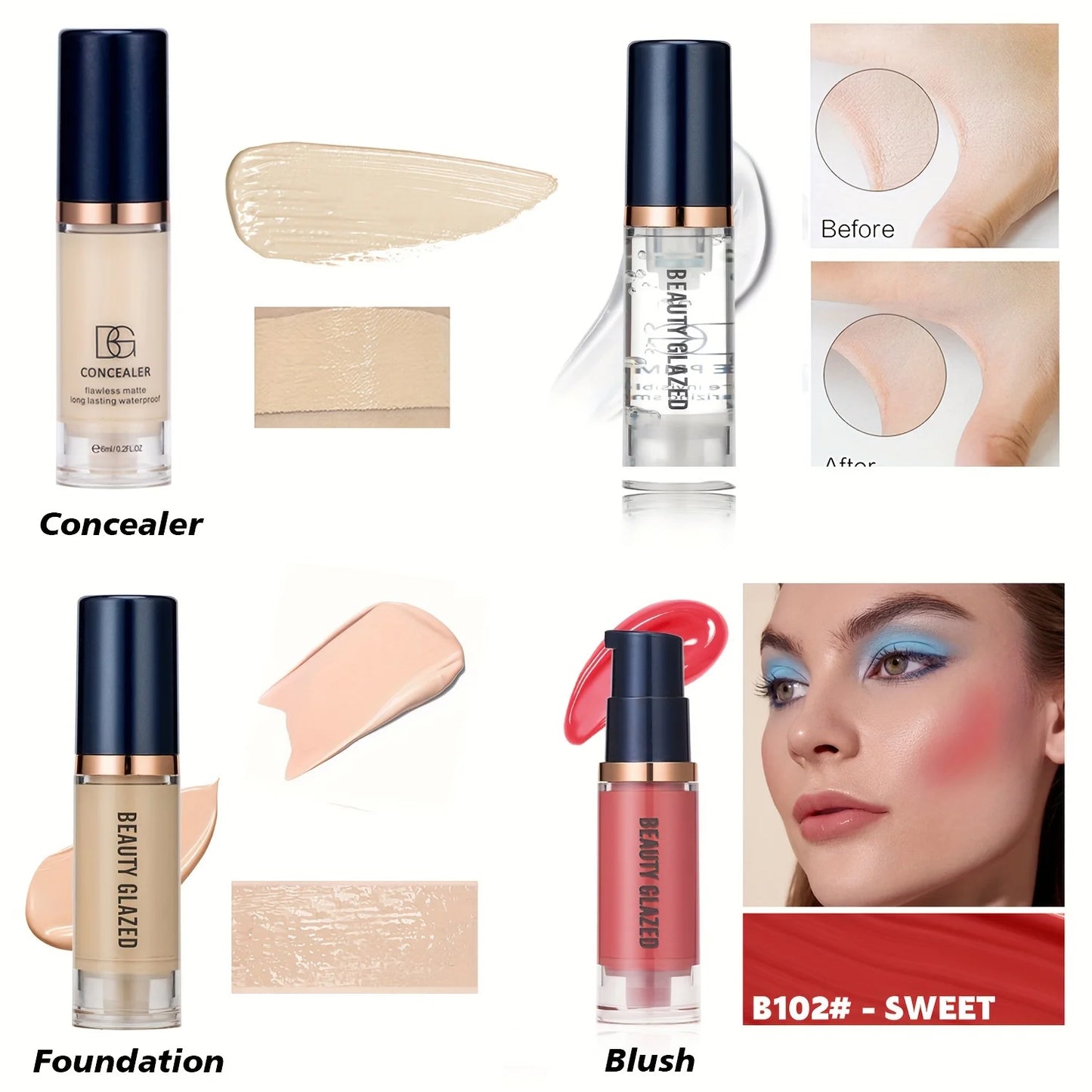 4Pcs Set Primer + Concealer + Liquid Foundation + Liquid Blush Matte Velvet Waterproof Foundation Blush Makeup For Travel