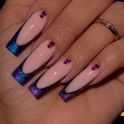 24Pcs Long Ballet French False Nails Purple Ripple Design Fake Fingernails with Rhinestone Artificial Coffin Press on Nails
