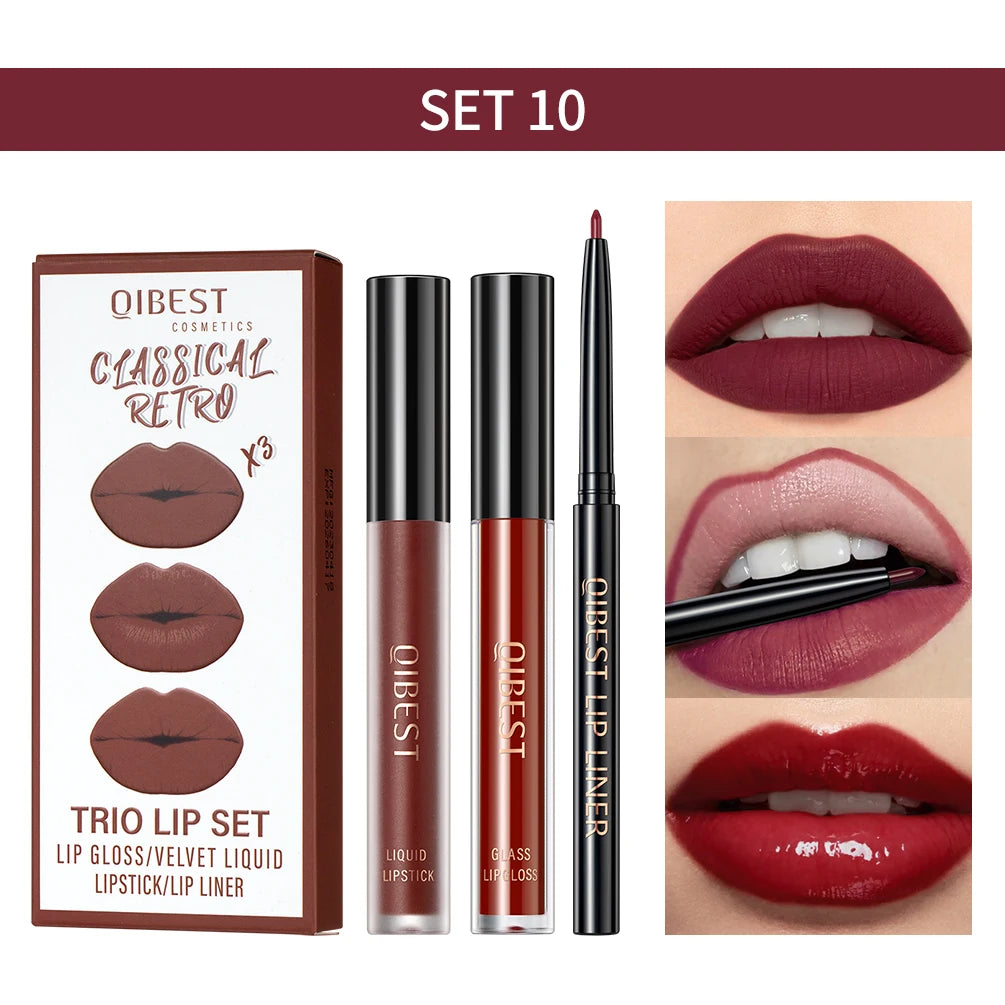 New 3pcs/set Liquid Lipstick Lip Liner Long Lasting Cosmetic Black Brown Purple Red Matte Lip Gloss Nude Lip Tint Stain Makeup