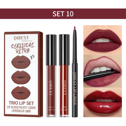 New 3pcs/set Liquid Lipstick Lip Liner Long Lasting Cosmetic Black Brown Purple Red Matte Lip Gloss Nude Lip Tint Stain Makeup