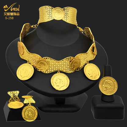 ANIID Dubai Gold Color Coin Necklace Bracelet Jewelry Sets For Women African Ethiopian Bridal Wedding Luxury Jewellery Gifts