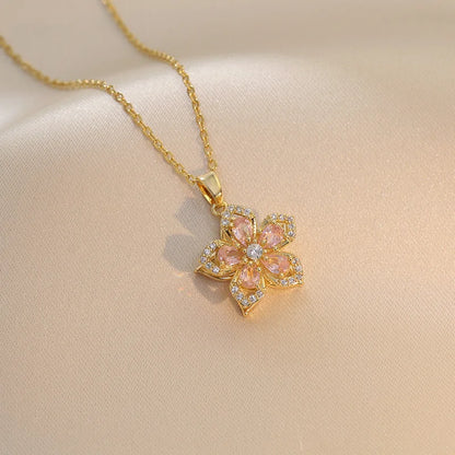 Rotating Bauhinia Zirconia Flowers Niche Light Luxury New Design Pendant Temperament Titanium Steel Necklace