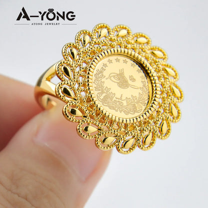 AYONG Turkish Gold Coin Rings 18k Gold Plated Dubai African Saudi Arabia Women Wedding Party Accessories