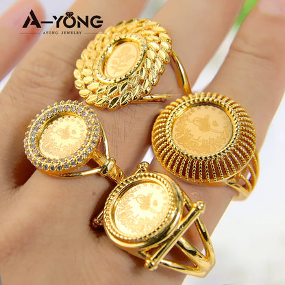 AYONG Turkish Gold Coin Rings 18k Gold Plated Dubai African Saudi Arabia Women Wedding Party Accessories