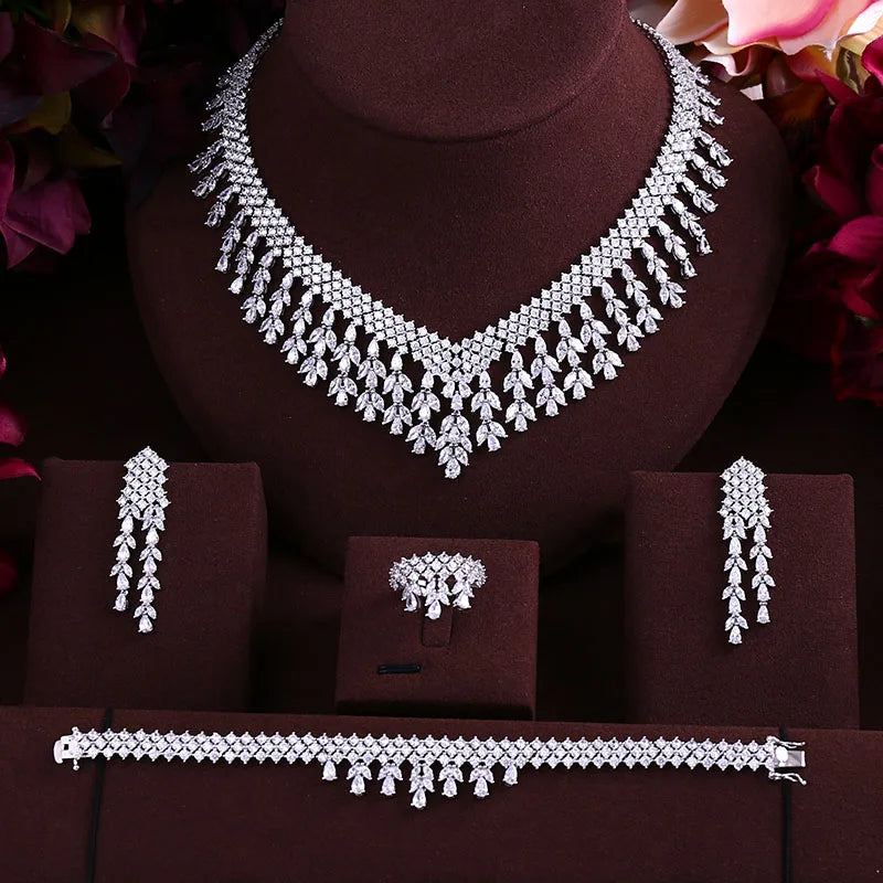 Janekelly 4pcs Bridal Zirconia Full Jewelry Sets For Women Party, Luxury Dubai CZ Crystal Wedding necklace sets