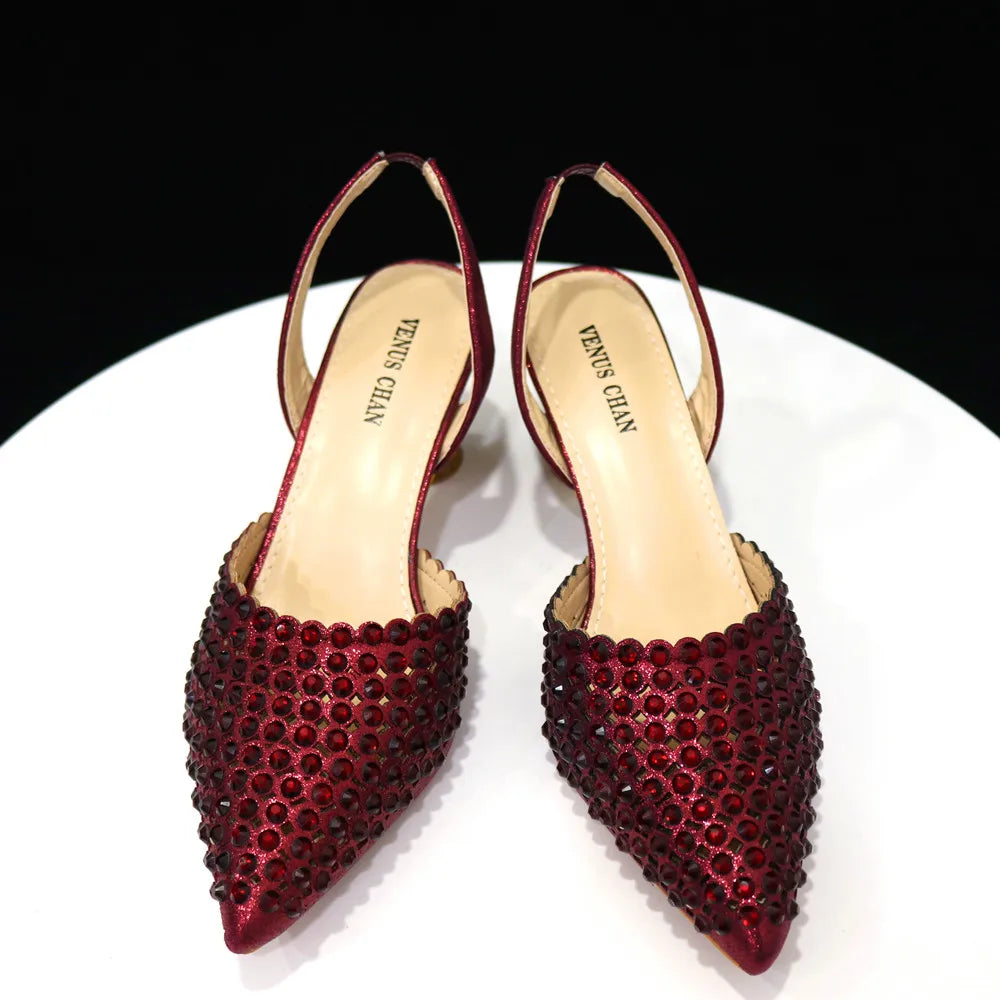 Venus Chan Pointed Toe Heels for Women Elegant Party Wine Color Full Diamond Pumps Italian Shoes and Bags Matching Set