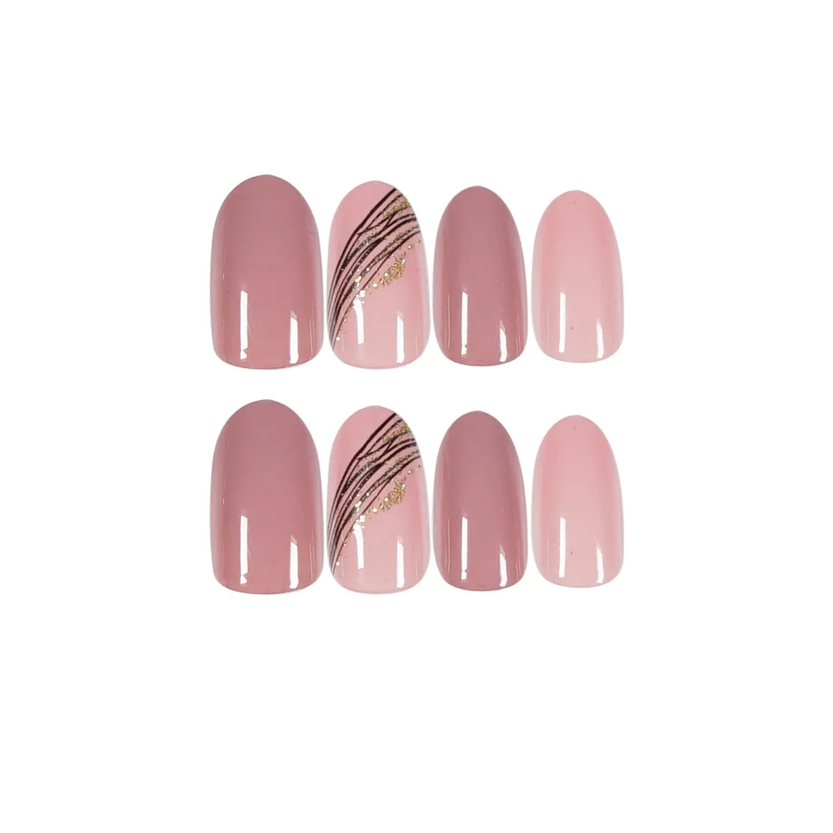 JIASHIXUAN 24Ps/Set Almond Slant Gold Line Lotus Pink Fake Nails Artificial Professional Material art False Nail Supplies For Professionals