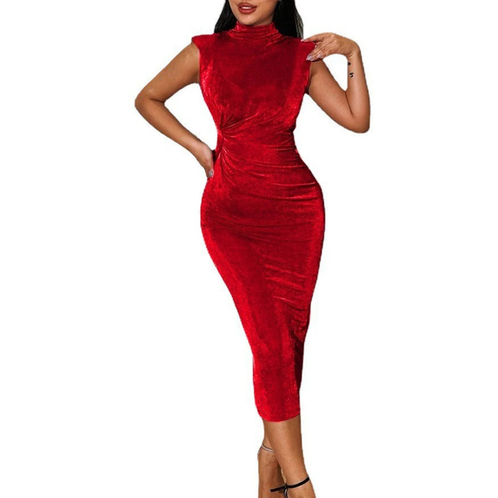 Summer Sleeveless Long Dress Women 2023 Half High Collar Elegant Office Lady Dress Sexy Bodycon Folds Slim Evening Party Dresses