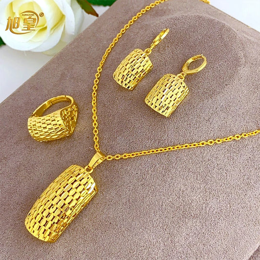 XUHUANG Dubai Gold Color Necklace Sets With Pendant for Women Bridal 3Pcs Jewelry Set Indian Jewellery Party 24K