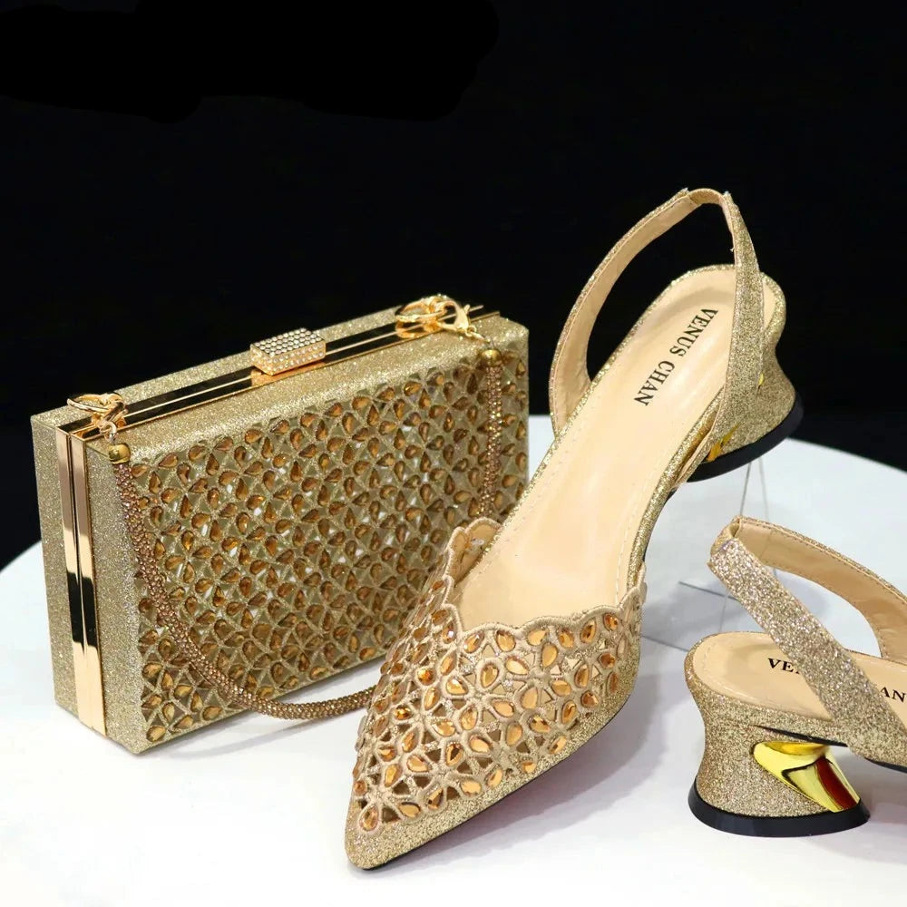 Venus Chan Low Heel Shoes for Women Hollowed Out Embroidery Rhinestone Italian Design Gold Color Pointed-Toe Shoes and Bags Set