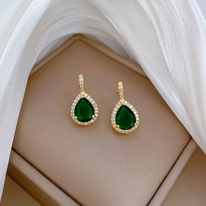 Jewelry Sets Women Elegant Waterdrop Green Rhinestone Pendant Necklace stud Earrings Wedding Dress Bridal Jewelry Set 2pcs/set