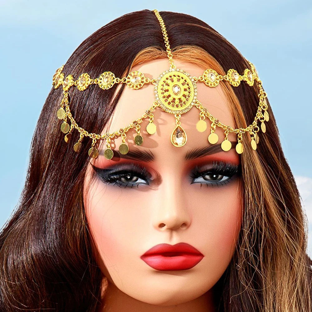 Egyptian Crystal Forehead Headpiece Gold Color Alloy Hollowed Rhinestone Coin Tassel Head Chain Women's Dance Accessories