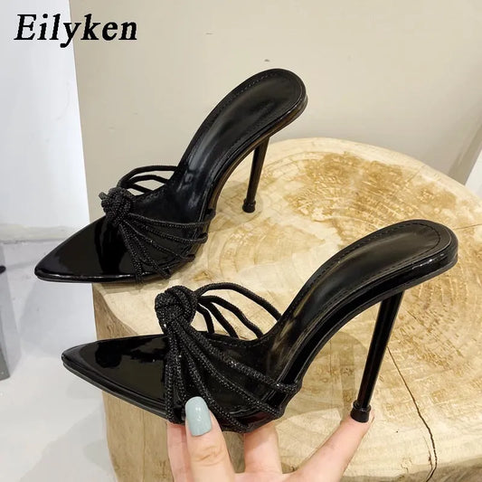 Eilyken Sexy High Heels Slipper For Women Summer Fashion CRYSTAL Narrow Band Pointed Toe Slides Stripper Party Sandal