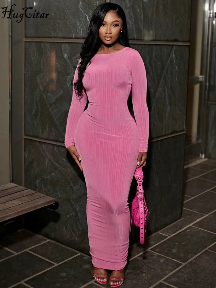 Hugcitar Ribbed O Neck Long Sleeves Elegant Sexy Bodycon Maxi Prom Dress 2022 Fall Winter Women Casual Streetwear Birthday Party