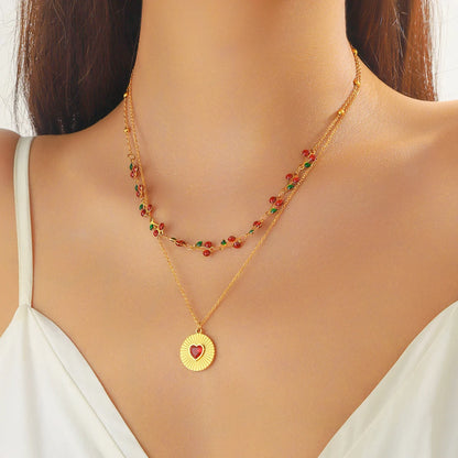 DIEYURO 316L Stainless Steel cherry Circular Inlaid Red Heart Zircon Double-layer Necklace WomensTrend Neck Chain Jewelry Gift